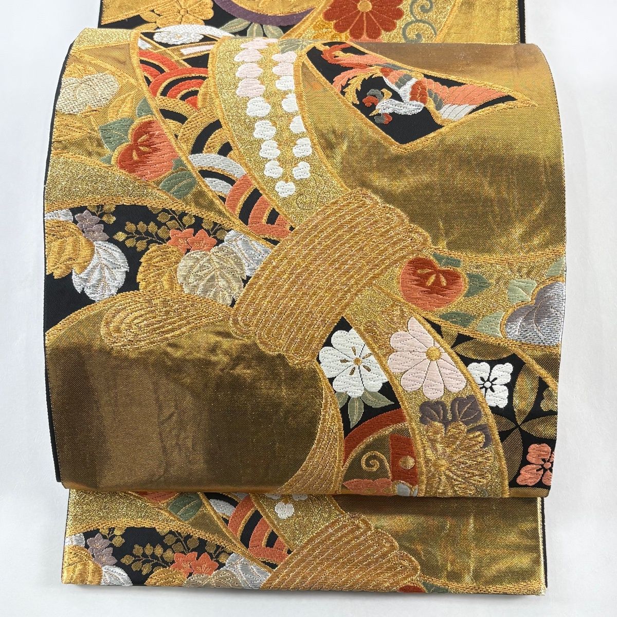 袋帯 秀品 振袖向き 束ね熨斗 花鳥 金銀糸 箔 金色 全通 正絹 【中古