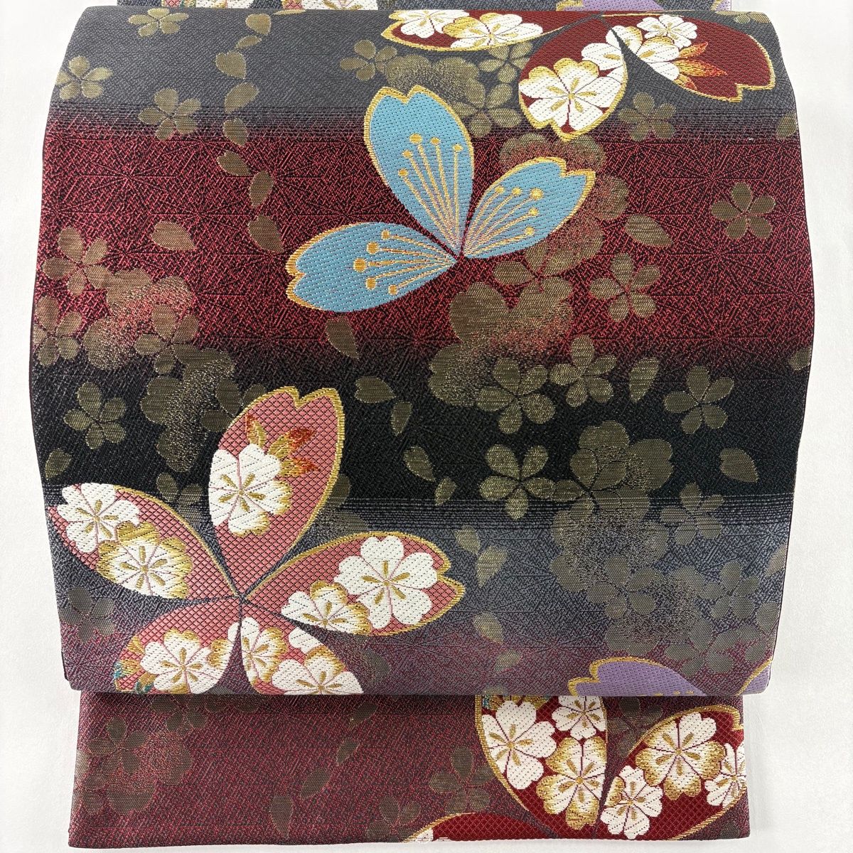 袋帯♦︎正絹♦︎えんじ色箔に仏教柄の刺繍と織り美品】 袋帯 秀品 桜 