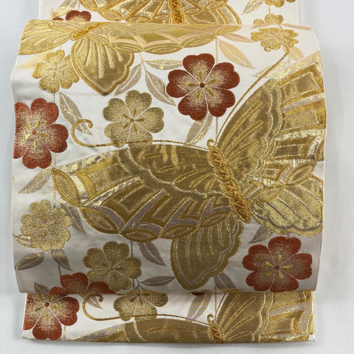 袋帯 秀品 振袖向き 蝶 枝垂れ桜 金糸 箔 クリーム 六通 正絹 【中古