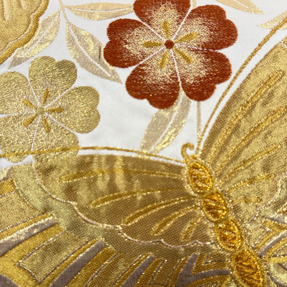 袋帯 秀品 振袖向き 蝶 枝垂れ桜 金糸 箔 クリーム 六通 正絹 【中古