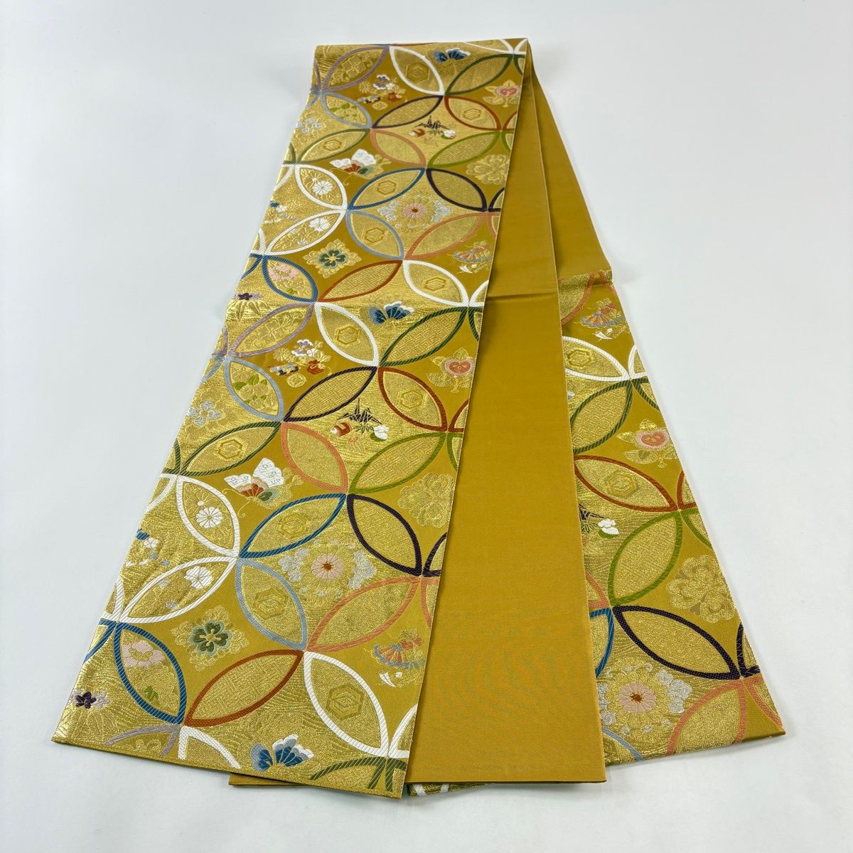 袋帯 秀品 華蝶彩七宝 宝尽くし 金銀糸 唐織 山吹茶色 六通 正絹