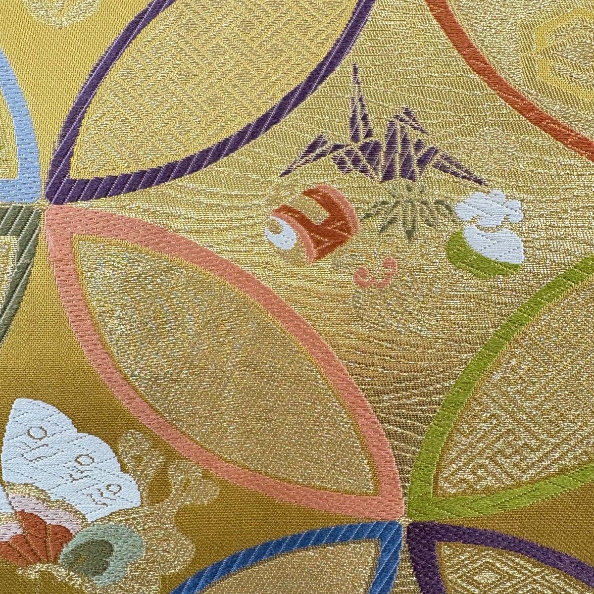 袋帯 秀品 華蝶彩七宝 宝尽くし 金銀糸 唐織 山吹茶色 六通 正絹