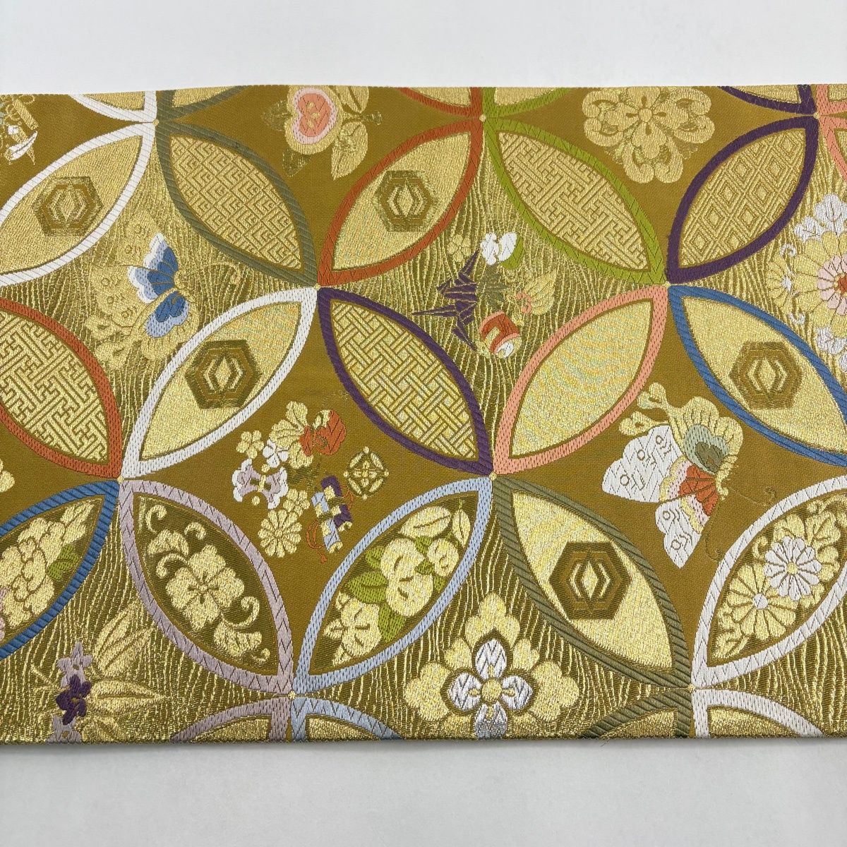 袋帯 秀品 華蝶彩七宝 宝尽くし 金銀糸 唐織 山吹茶色 六通 正絹