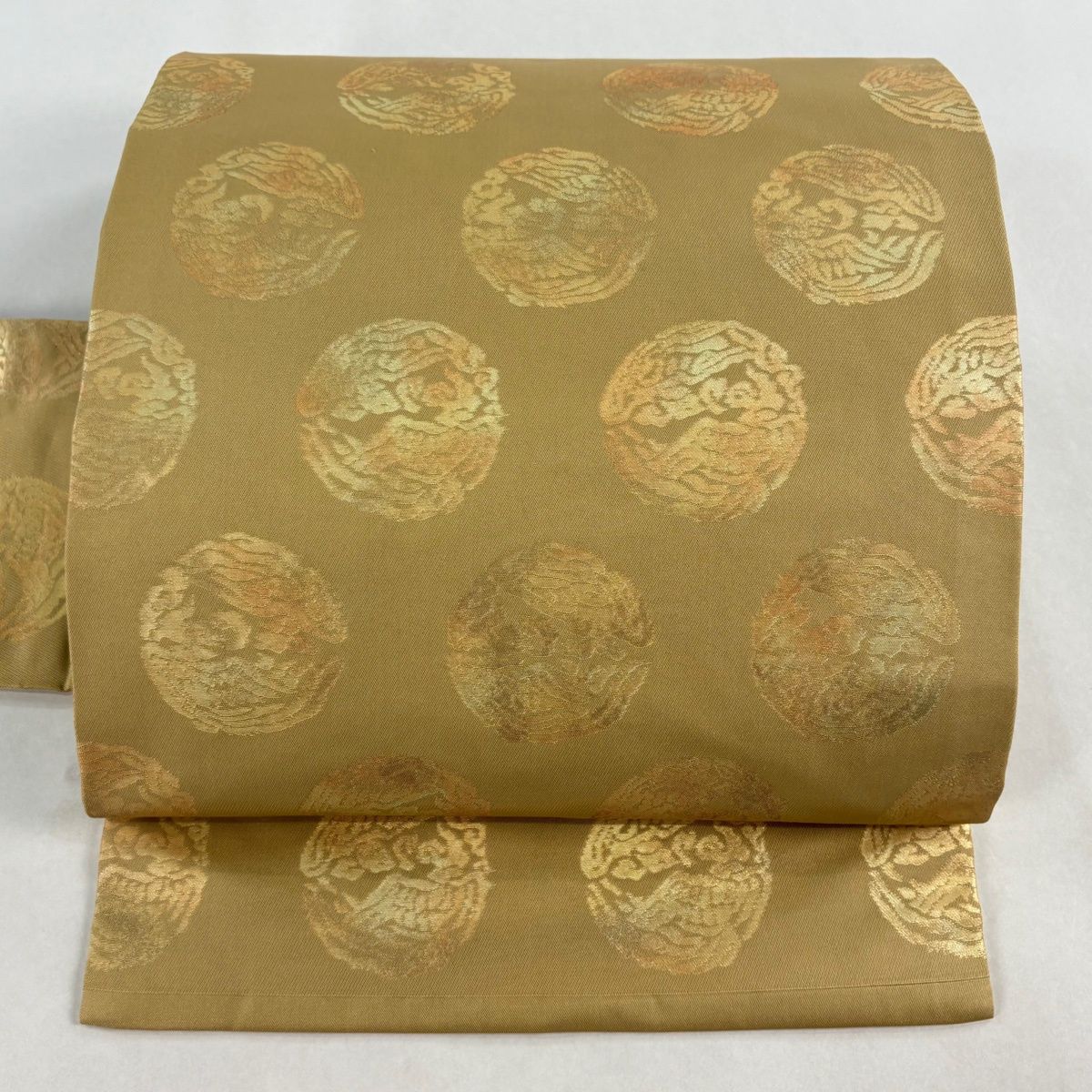 正絹引箔　黄土色に唐花紋　名古屋帯　開き仕立　額縁仕立　360㎝訪問着　小紋に 正絹引箔 黄土色に唐花紋 名古屋帯 開き仕立 額縁仕立 360㎝訪問