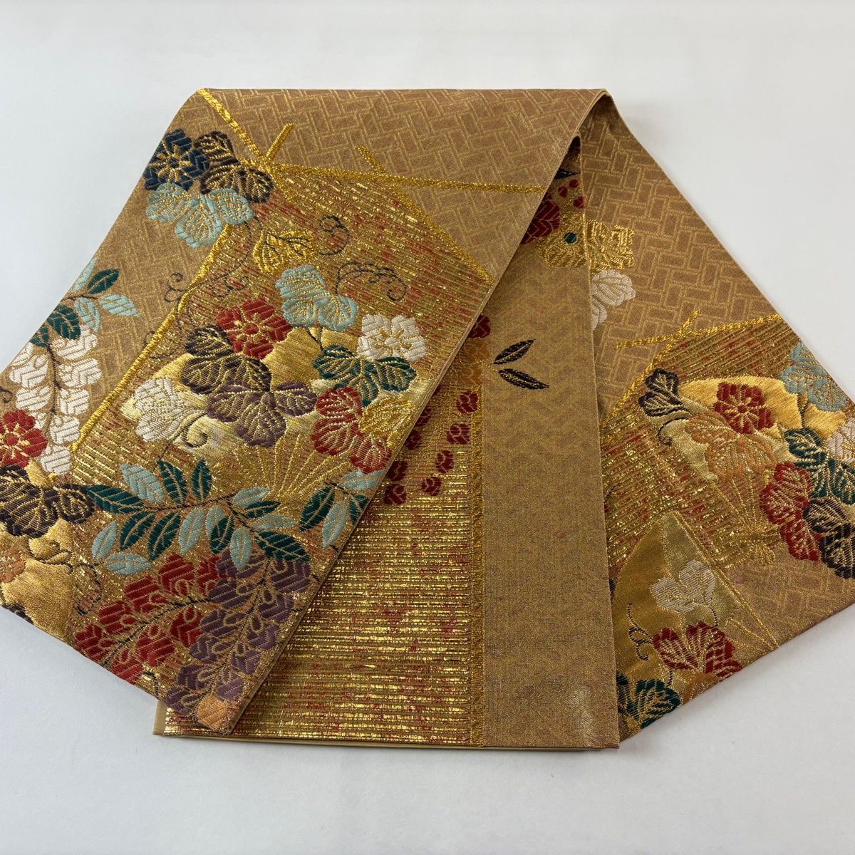 袋帯 秀品 扇 草花 金糸 箔 薄茶色 お太鼓柄 正絹 【中古】 - メルカリ