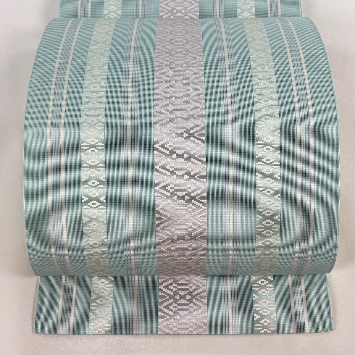 名古屋帯 名品 夏帯 八寸名古屋帯 縞 幾何学模様 水色 正絹 【中古