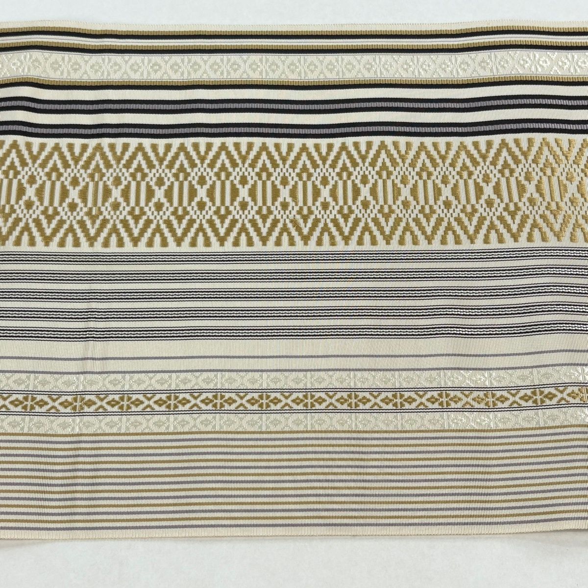 名古屋帯 名品 八寸名古屋帯 松葉仕立て 縞 幾何学模様 ベージュ 正絹