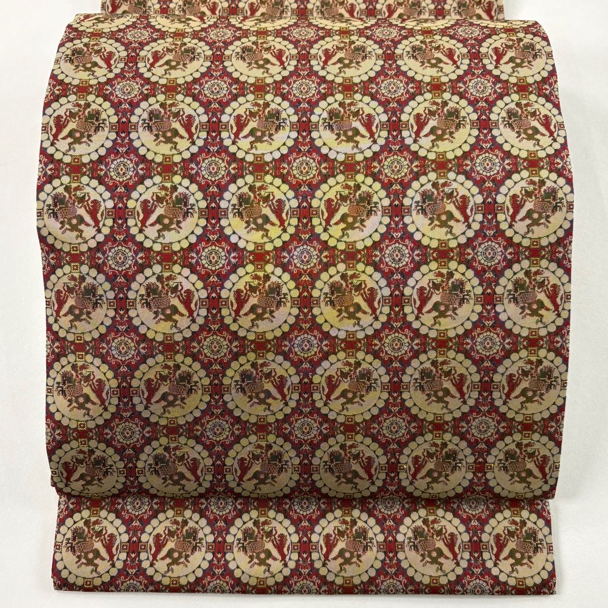 美品】 開き名古屋帯 名品 龍村美術織物 獅子狩文錦 赤 正絹 【中古