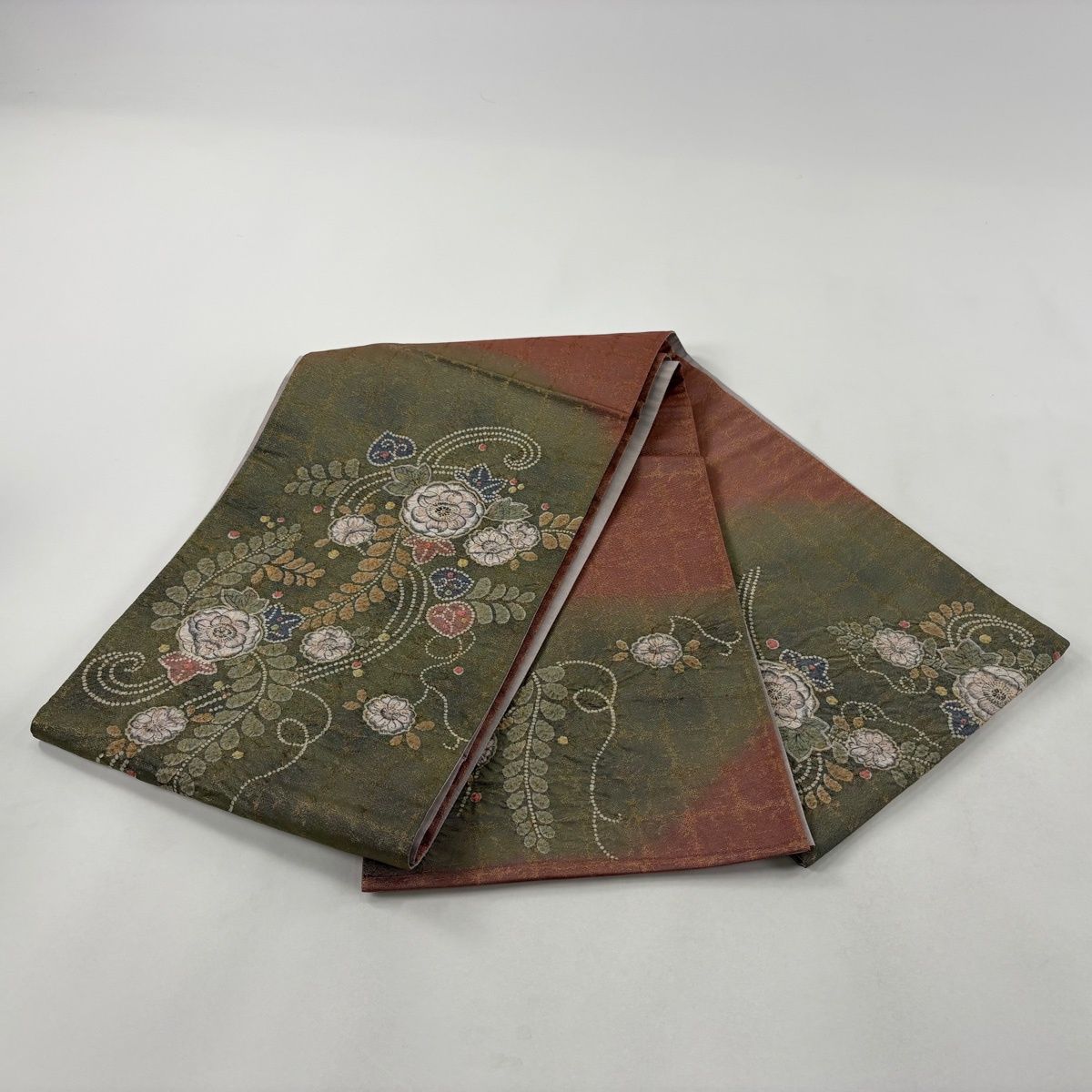 美品】 袋帯 名品 関西仕立て 辻が花 幾何学模様 箔 銀糸 茶緑色