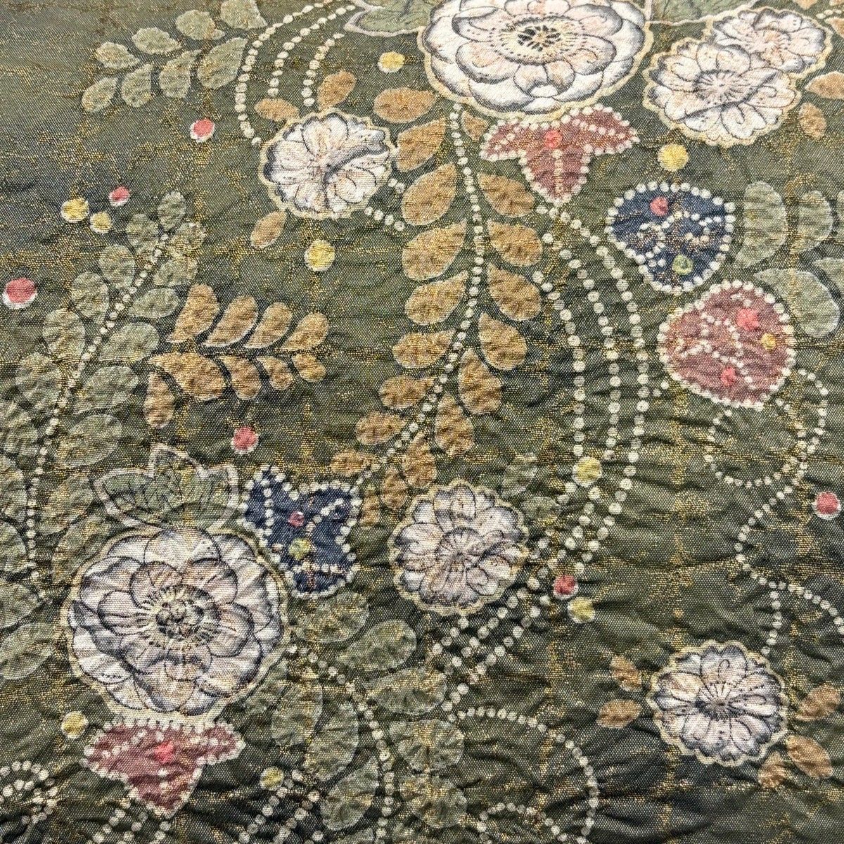 美品】 袋帯 名品 関西仕立て 辻が花 幾何学模様 箔 銀糸 茶緑色