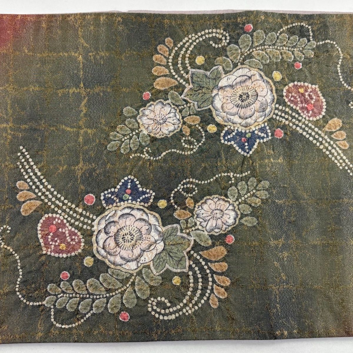 美品】 袋帯 名品 関西仕立て 辻が花 幾何学模様 箔 銀糸 茶緑色