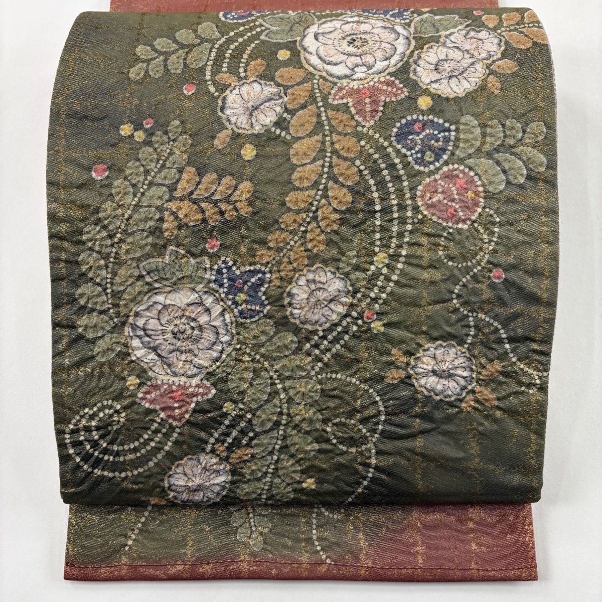 美品】 袋帯 名品 関西仕立て 辻が花 幾何学模様 箔 銀糸 茶緑色