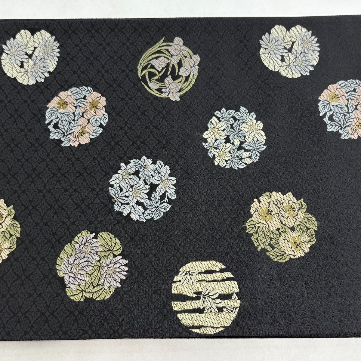 袋帯 名品 箔屋清兵衛 落款 草木染 花丸文 箔 刺繍 墨色 六通 正絹