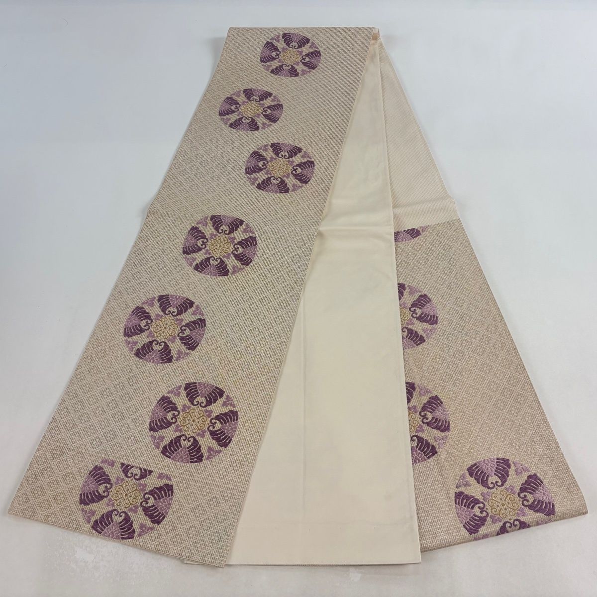 正絹 袋帯 金蘭 六通 古代帝王紫 中古】 袋帯 正絹 六通柄 紫 楼閣