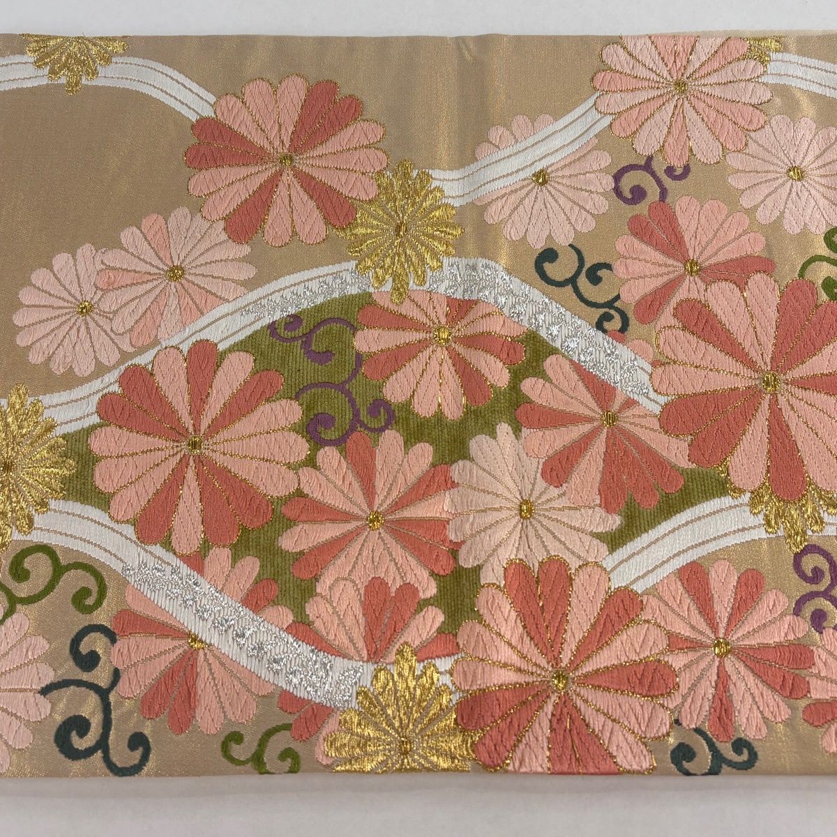 袋帯 美品 名品 菊 藤 縮緬 鶯色 全通 正絹 【中古】 袋帯 正絹 中古