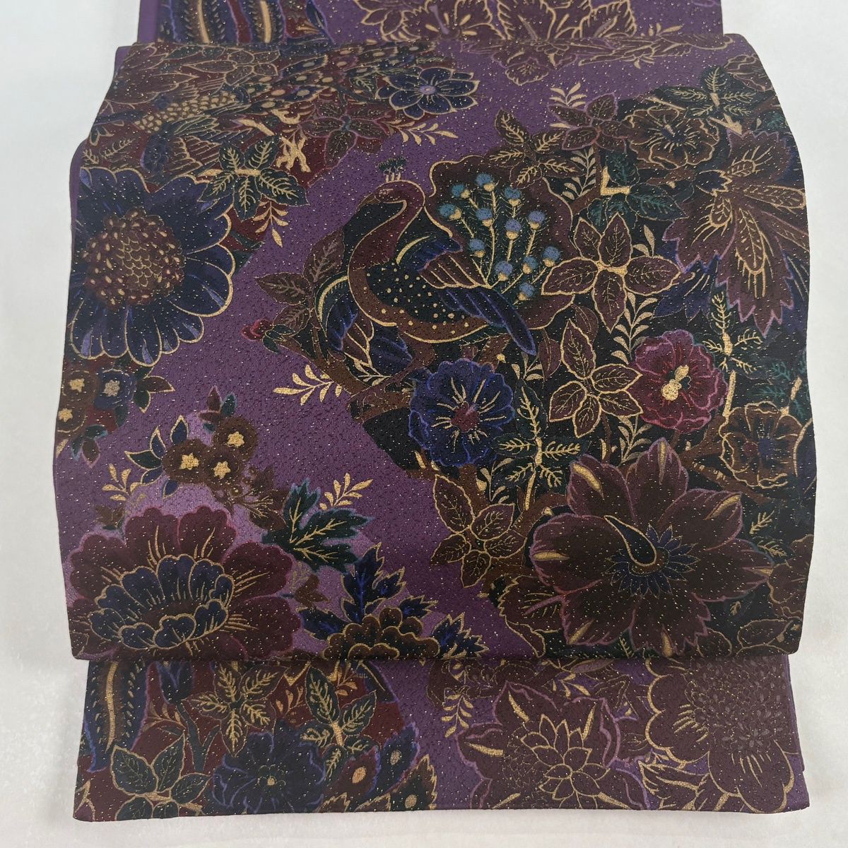 ［ 袋帯 ］正絹　黒　金　紫　唐草　草花　レース調　豪華 袋帯 ］正絹 黒 金 紫 唐草 草花 レース調 豪華