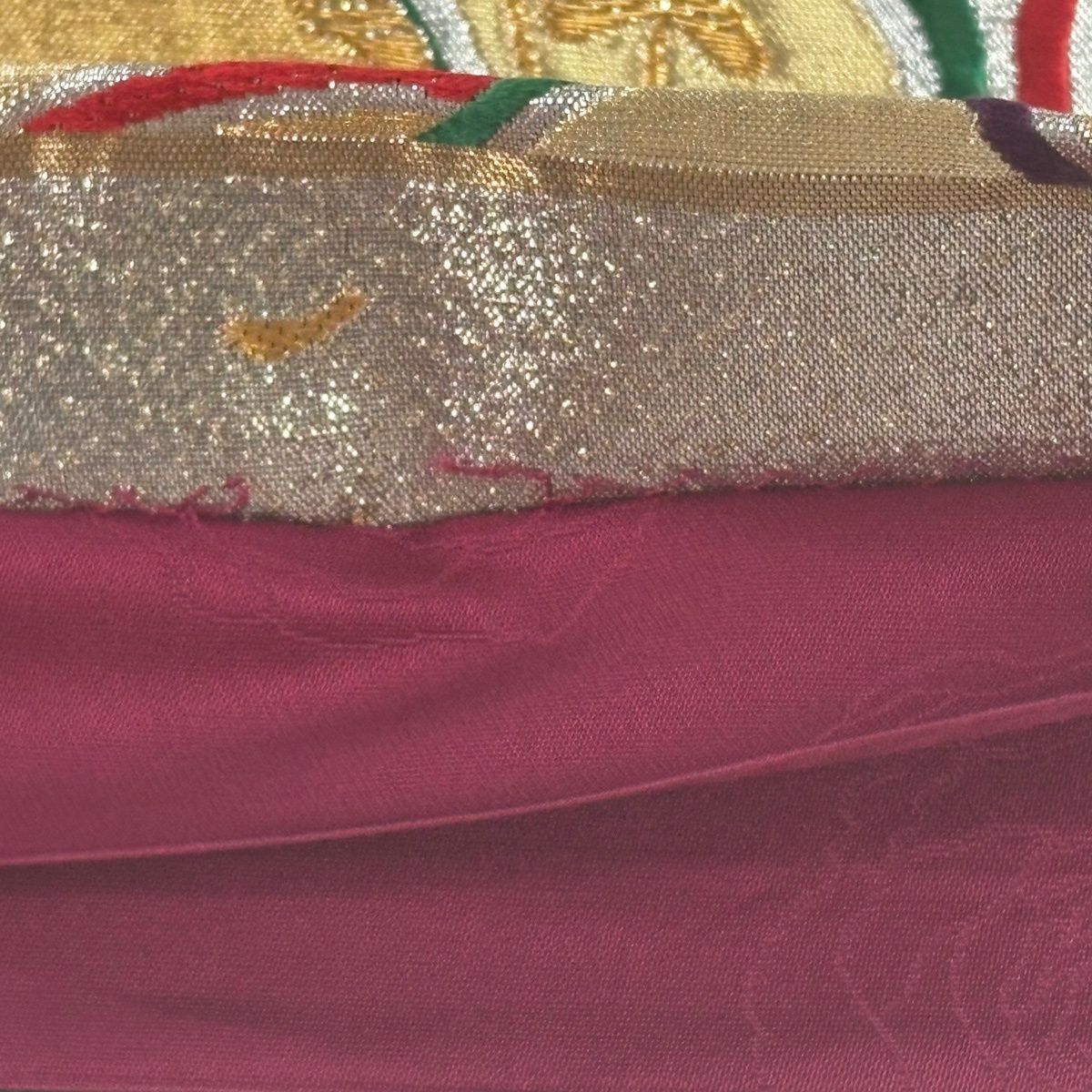 美品】 袋帯 名品 草野一騎 落款 振袖向き 花 金銀糸 箔 銀色 六通