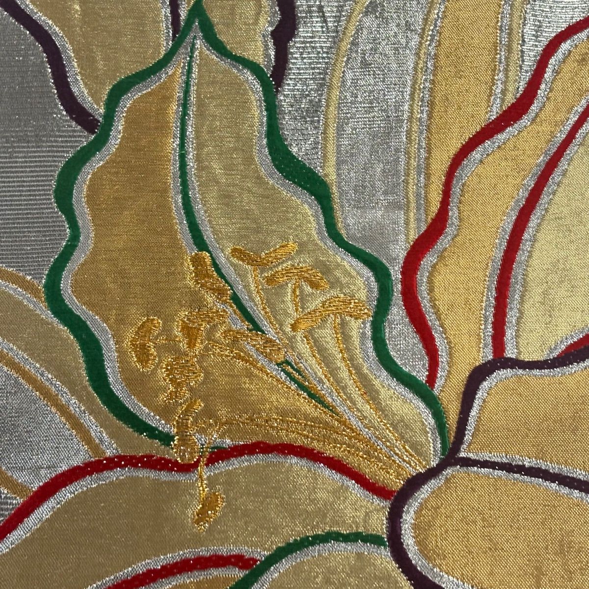 美品】 袋帯 名品 草野一騎 落款 振袖向き 花 金銀糸 箔 銀色 六通