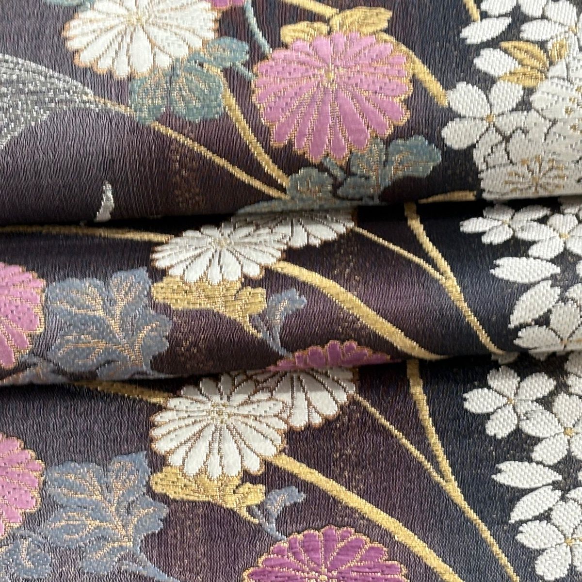 美品】 袋帯 逸品 じゅらく 落款 帝王紫 菊 桜楓 金銀糸 箔 濃紫 六通