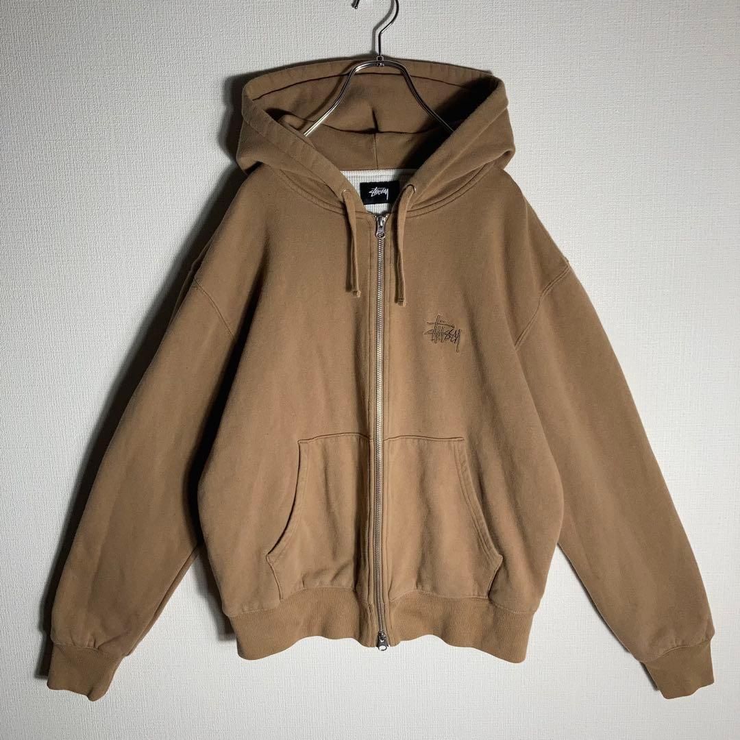 肉厚】STUSSY パーカー フルジップ 刺繍ロゴ 裏地サーマル ベージュ M