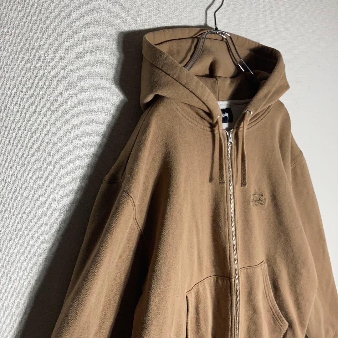 メンズ 【肉厚】STUSSY パーカー フルジップ 刺繍ロゴ 裏地サーマル