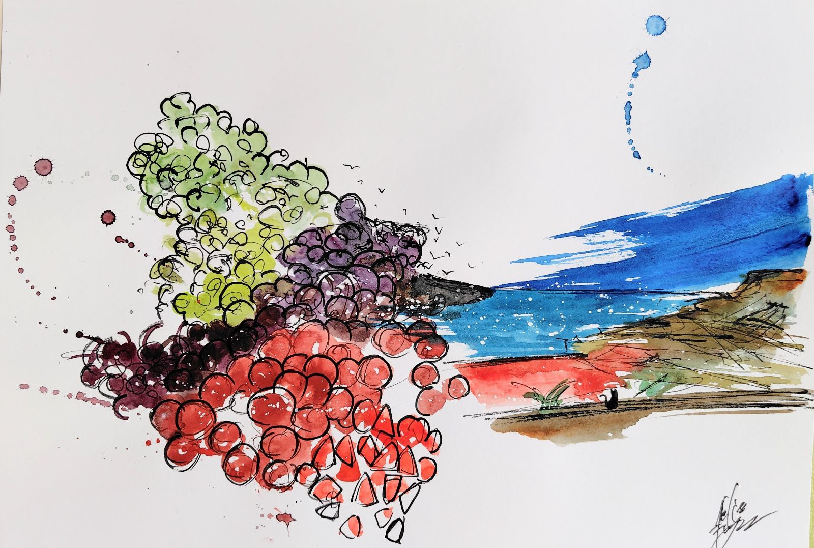 原画#3784 黒猫　マルタ共和国　地中海　水彩画　ドローイング　インテリア　絵 原画#3784 黒猫 マルタ共和国 地中海 水彩画 ドローイング インテリア 絵