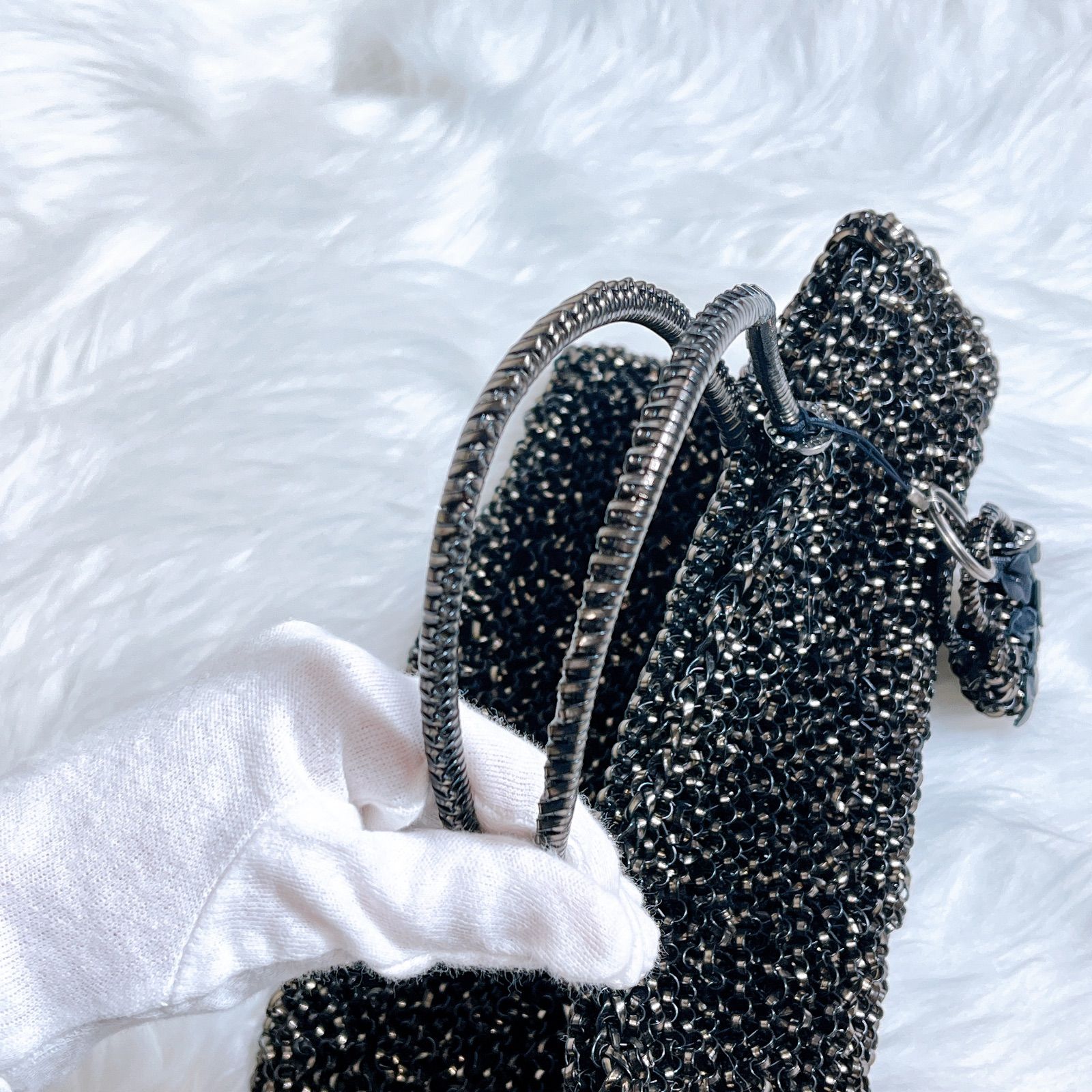 美品 アンテプリマ チャーム付き ワイヤーバッグ スクエア ブラック