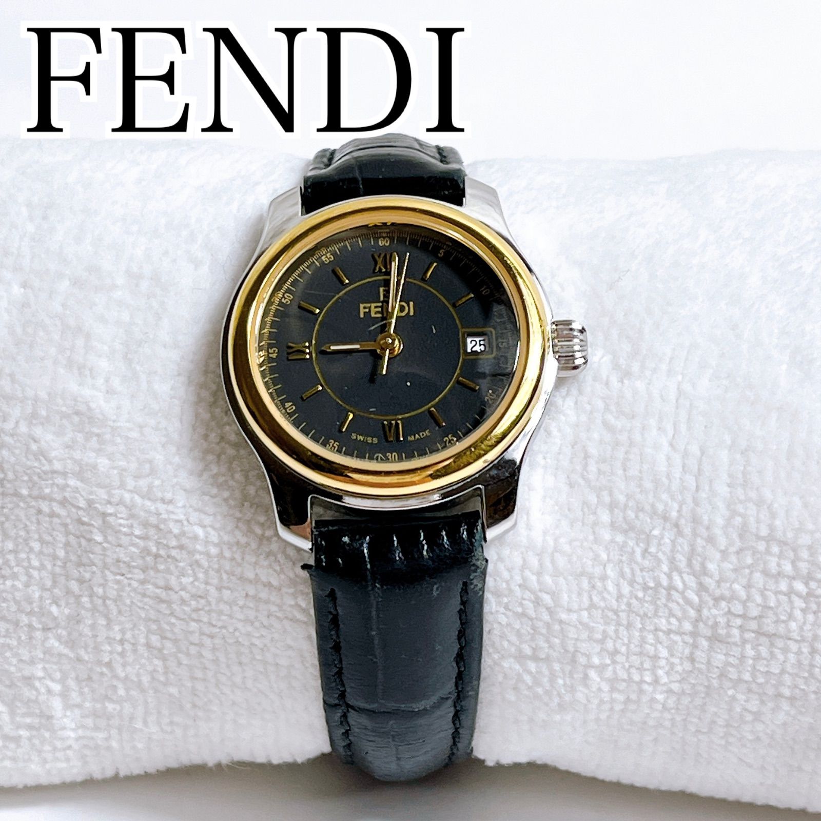 FENDI 電池交換済み 210L クォーツ デイト コンビカラー 黒文字盤