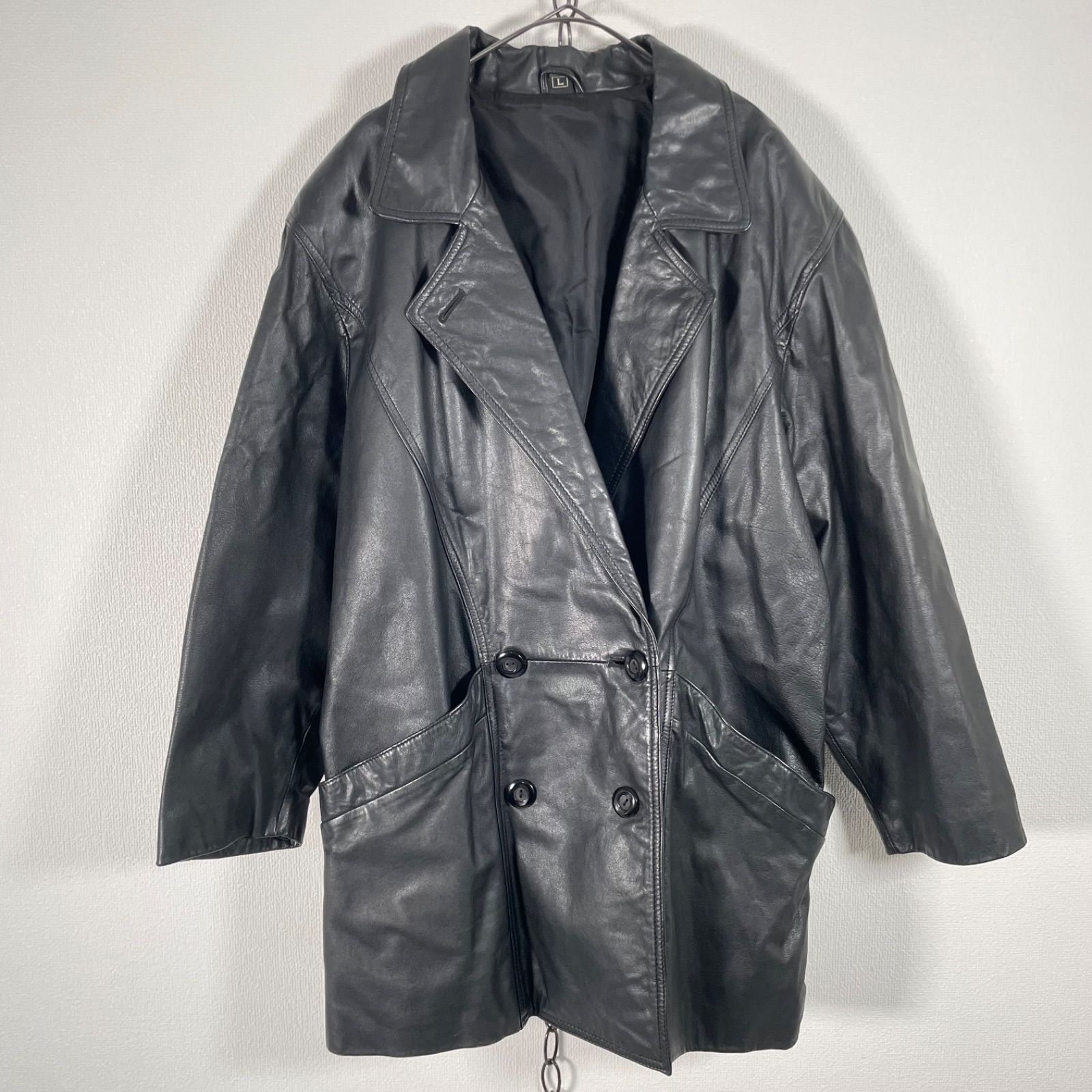 韓国製 Korean Vintage ダブル レザーコート テーラードジャケット 本革 牛革 カウレザー Lサイズ ブラック 黒