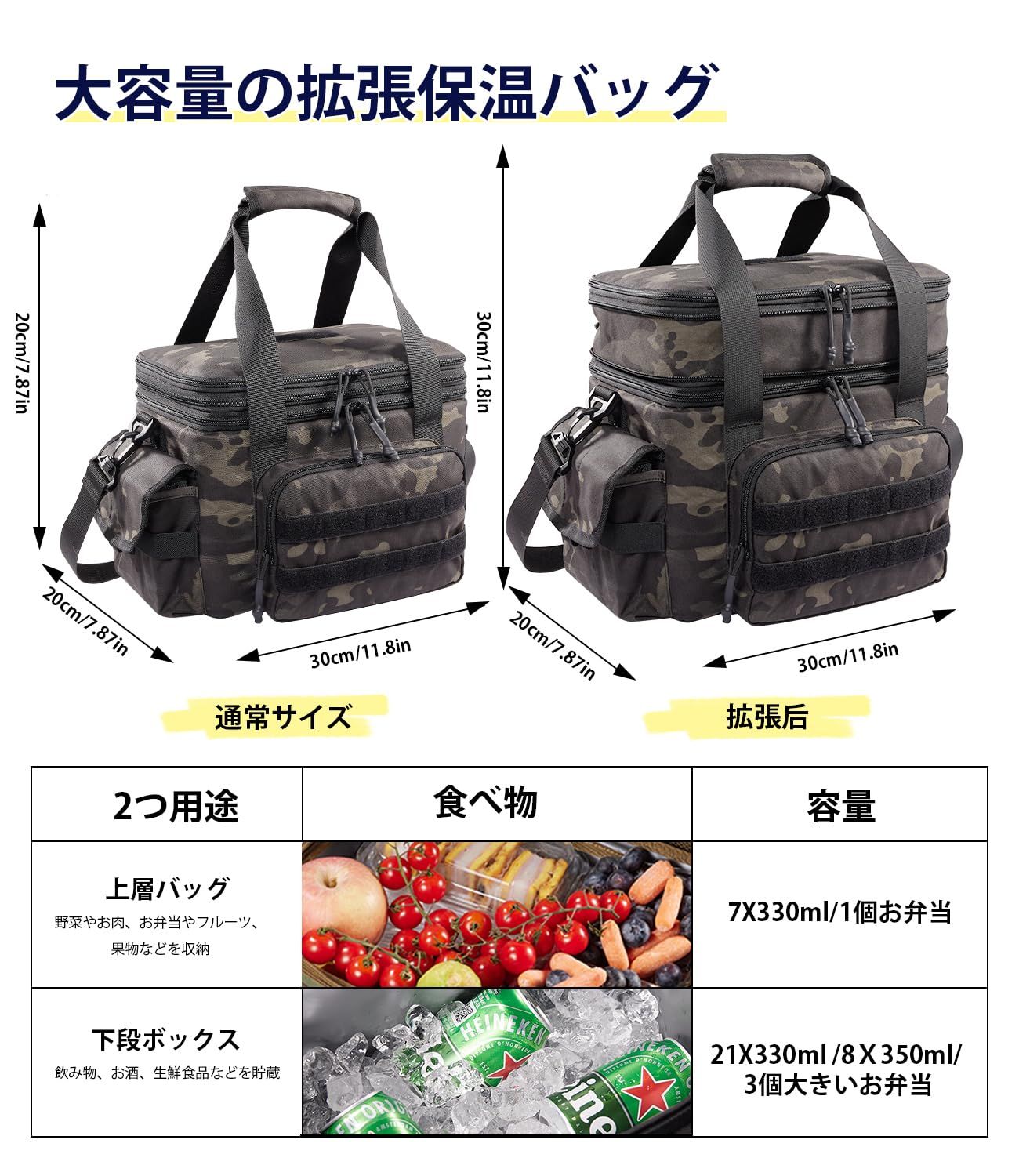 アウトドア 防水 水漏れ防止PEVA 防汚 軽量 耐摩耗 MOLLE設計 耐久 手提げ 500Dナイロン材料 肩掛け SBSファスナー 折り畳み 保温 釣り 保冷 ソフトクーラーボックス 保冷バッグ キャンプ 18-26L ピクニック 大容量 運動会 クーラーボックス お