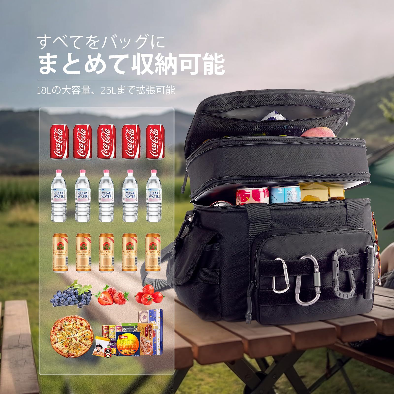 アウトドア 防水 水漏れ防止PEVA 防汚 軽量 耐摩耗 MOLLE設計 耐久 手提げ 500Dナイロン材料 肩掛け SBSファスナー 折り畳み 保温 釣り 保冷 ソフトクーラーボックス 保冷バッグ キャンプ 18-26L ピクニック 大容量 運動会 クーラーボックス お