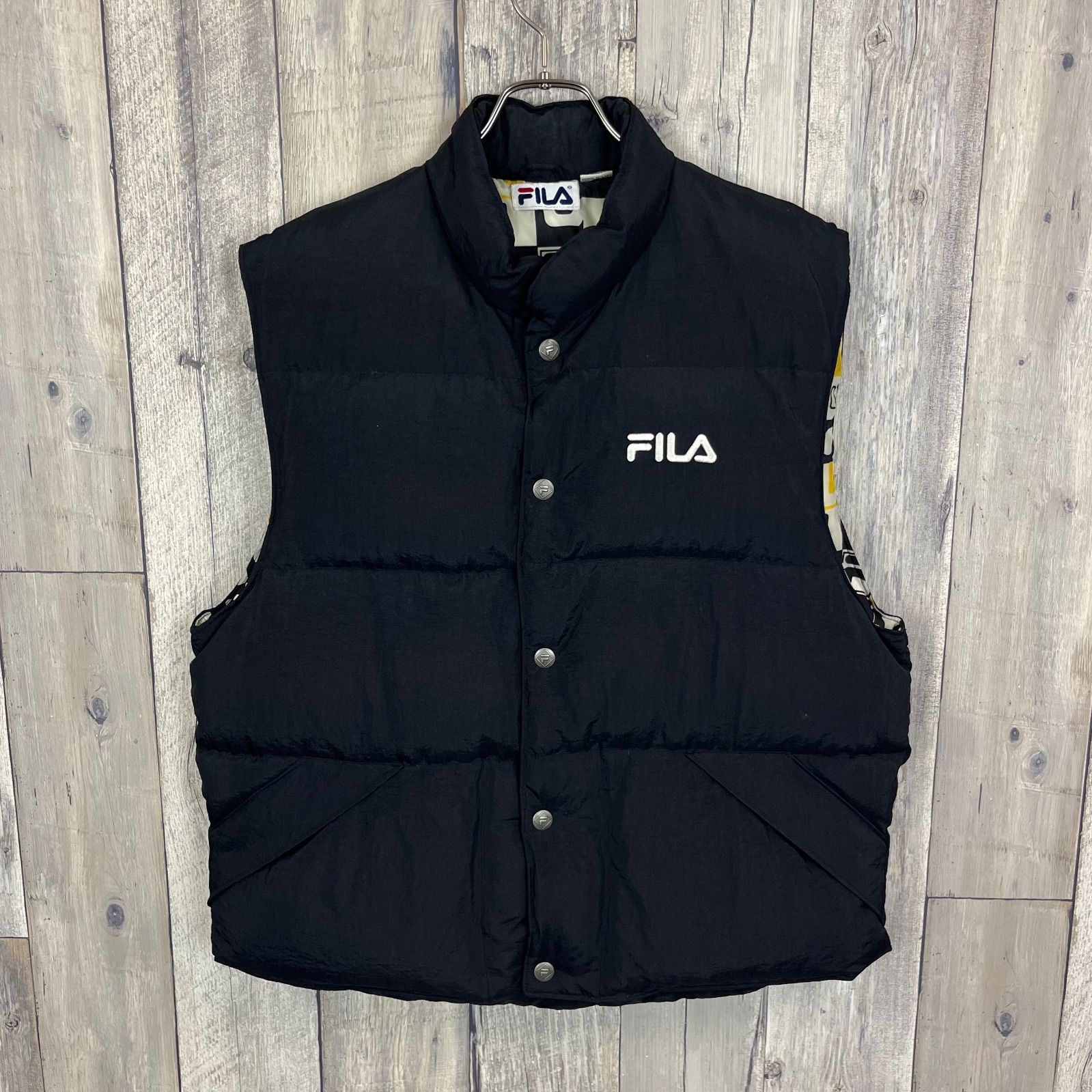 OLD FILA 90s フィラ 総柄 裏地 肉厚 パンパン ナイロン ダウン ベスト 