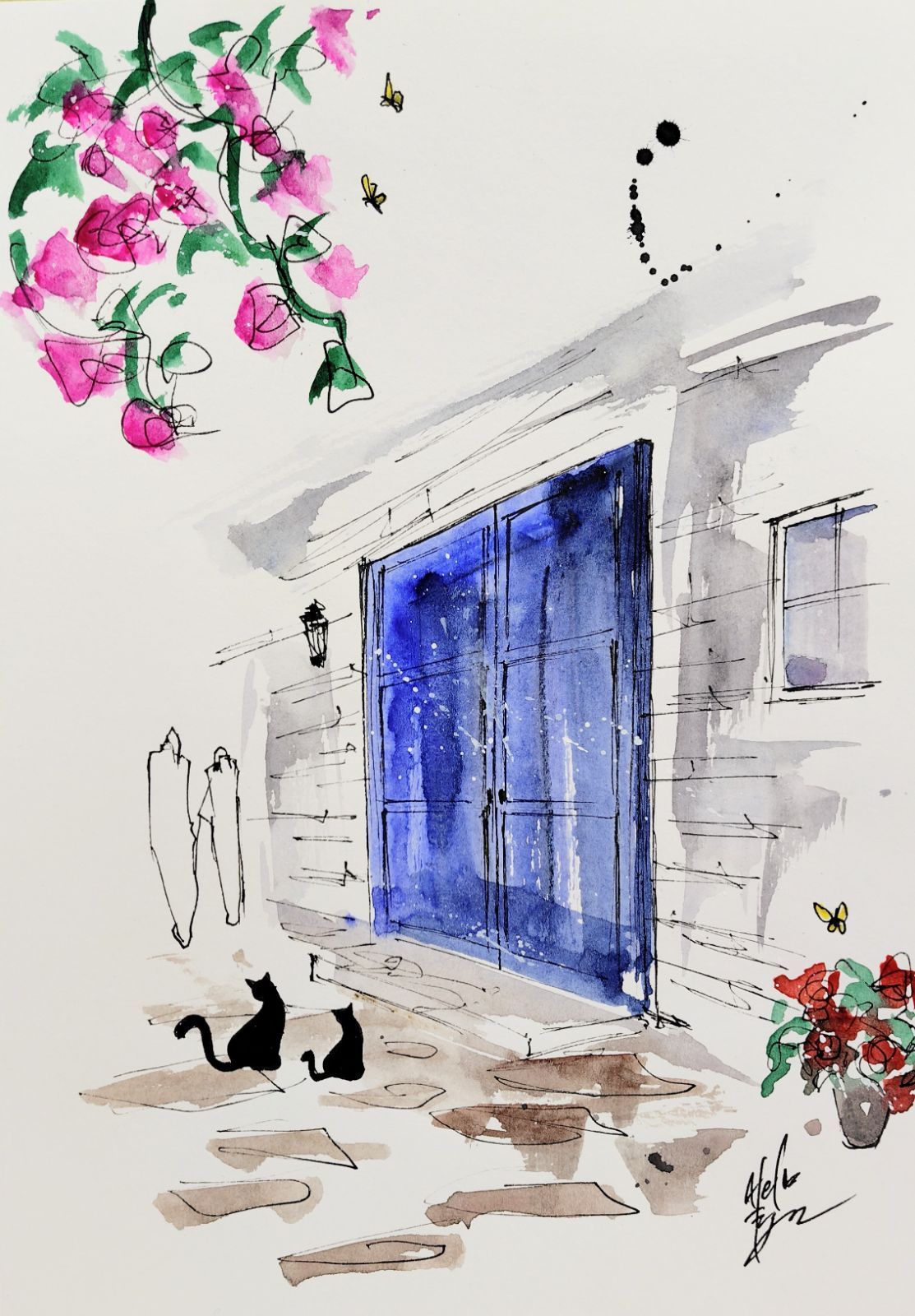 原画#134 黒猫 猫 サントリーニ島 水彩画 ドローイング インテリア