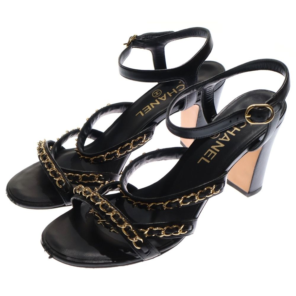 CHANEL (シャネル) ゴールドチェーン レザーハイヒール サンダル