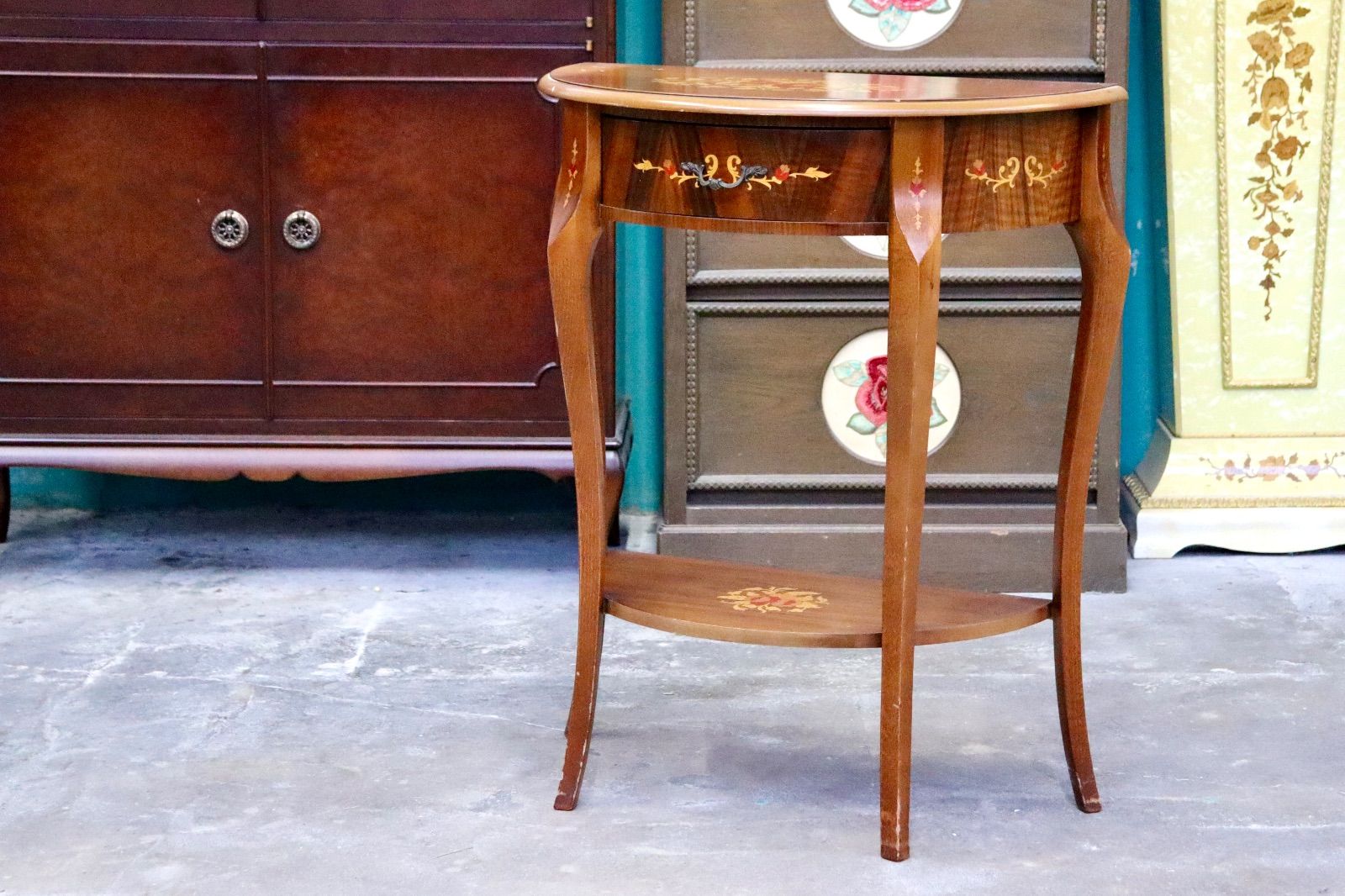 GMIH362○サイドテーブル コンソールテーブル 半円形テーブル 象嵌細工