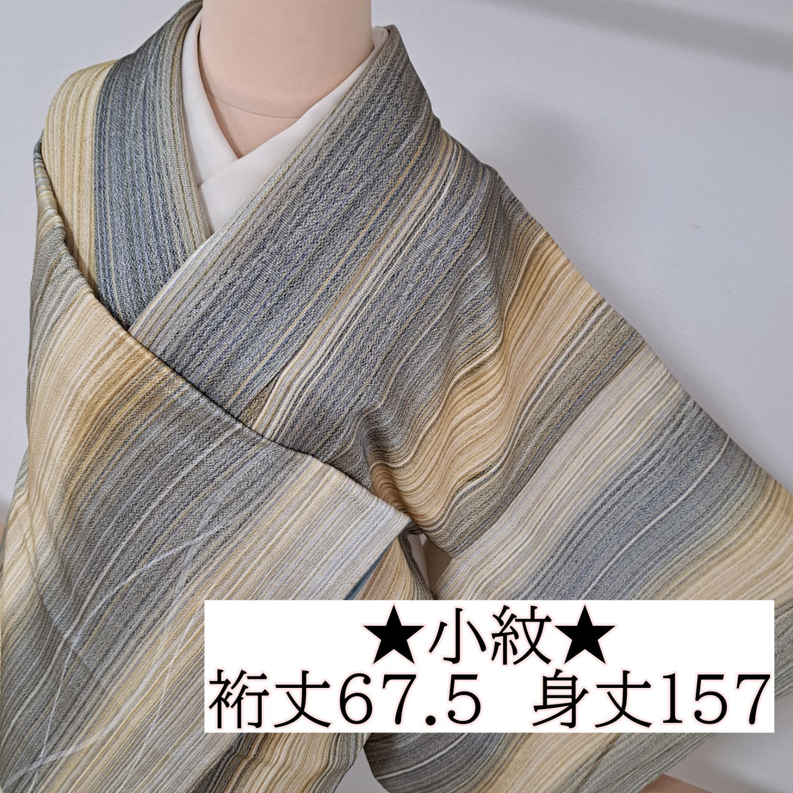 小紋】裄67.5 身丈157 袖49 正絹 袷 くすみカラーの縦縞に立涌紋様 や