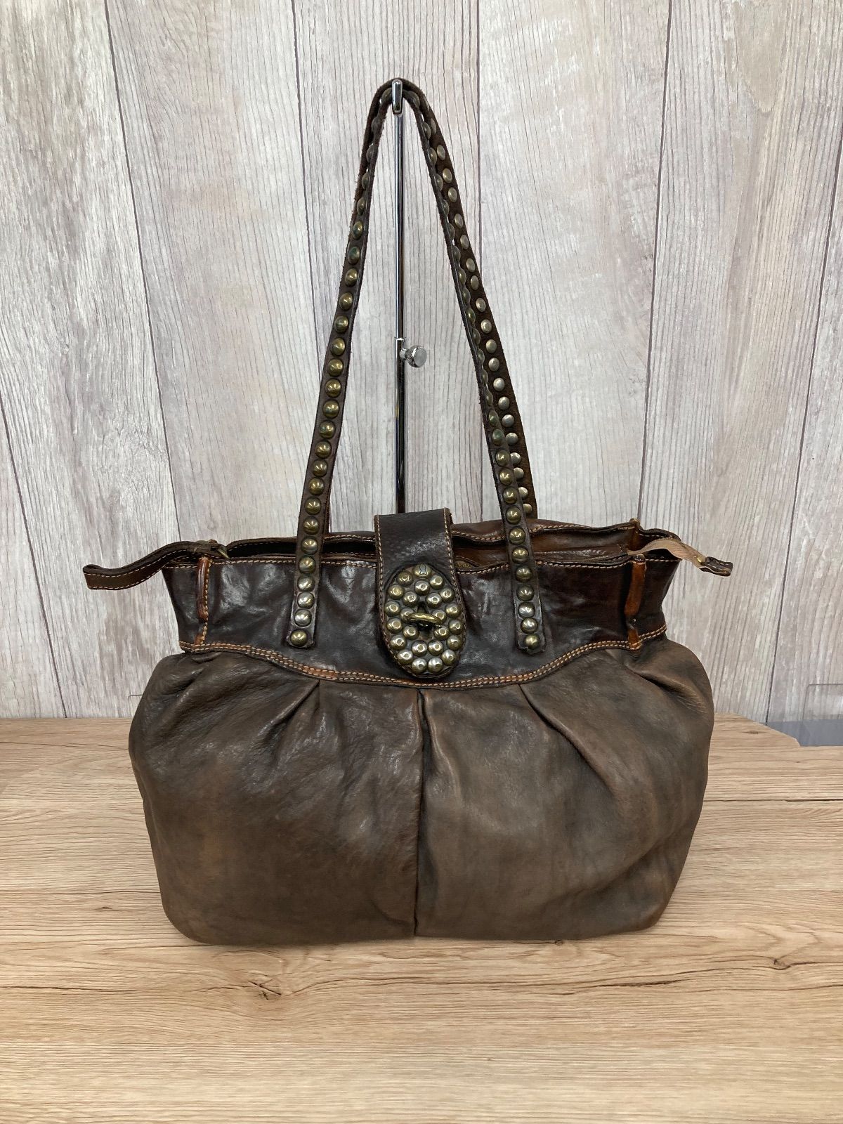 【美品】 CAMPOMAGGI　カンポマッジ　2wayトート　本革　茶×カーキ CAMPOMAGGI カンポマッジ トートバッグ 最 安値