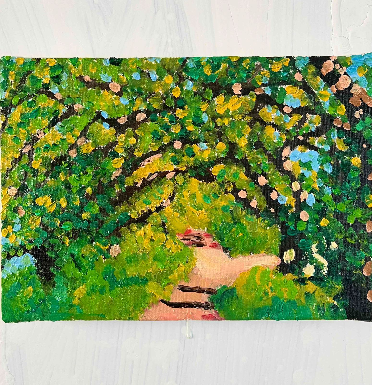 油彩画 原画「近所の風景 堤防」16×23㎝・サムホールサイズ 風景画