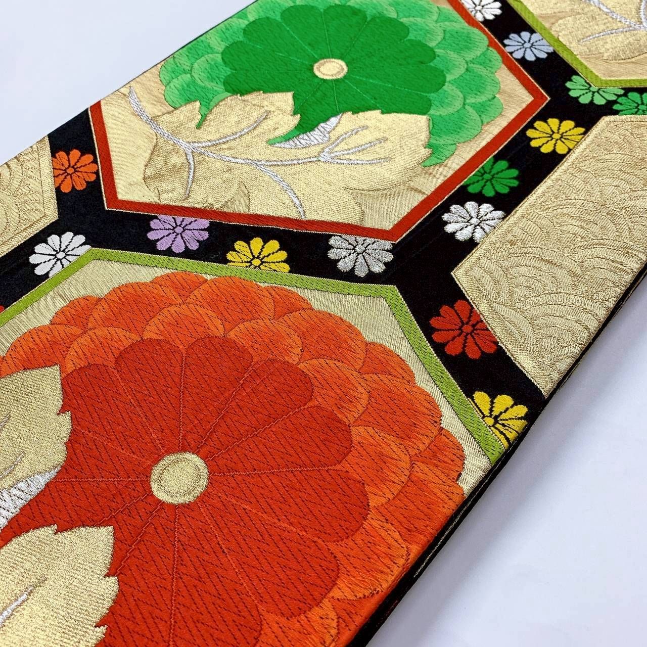 6360］袋帯 菊亀甲文様 刺繍 六通 正絹 着物 フォーマル 黒 金 - メルカリ