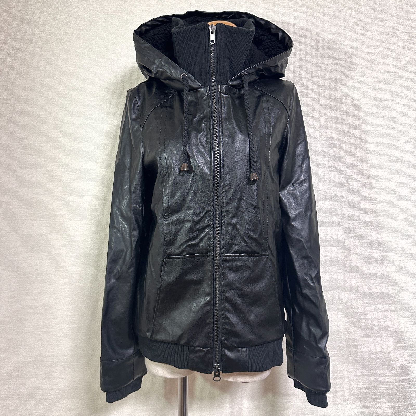 GLAD NEWS 裏ボア フェイクレザージャケット Wジップ フード付き 袖