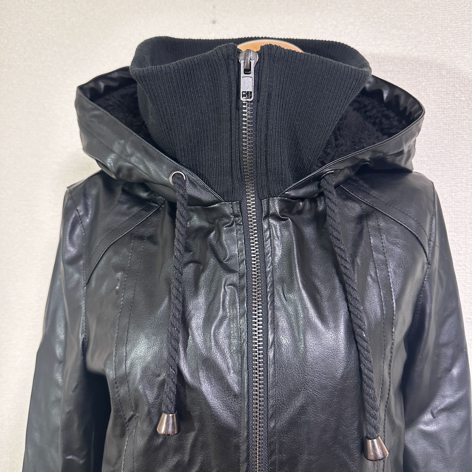 GLAD NEWS 裏ボア フェイクレザージャケット Wジップ フード付き 袖