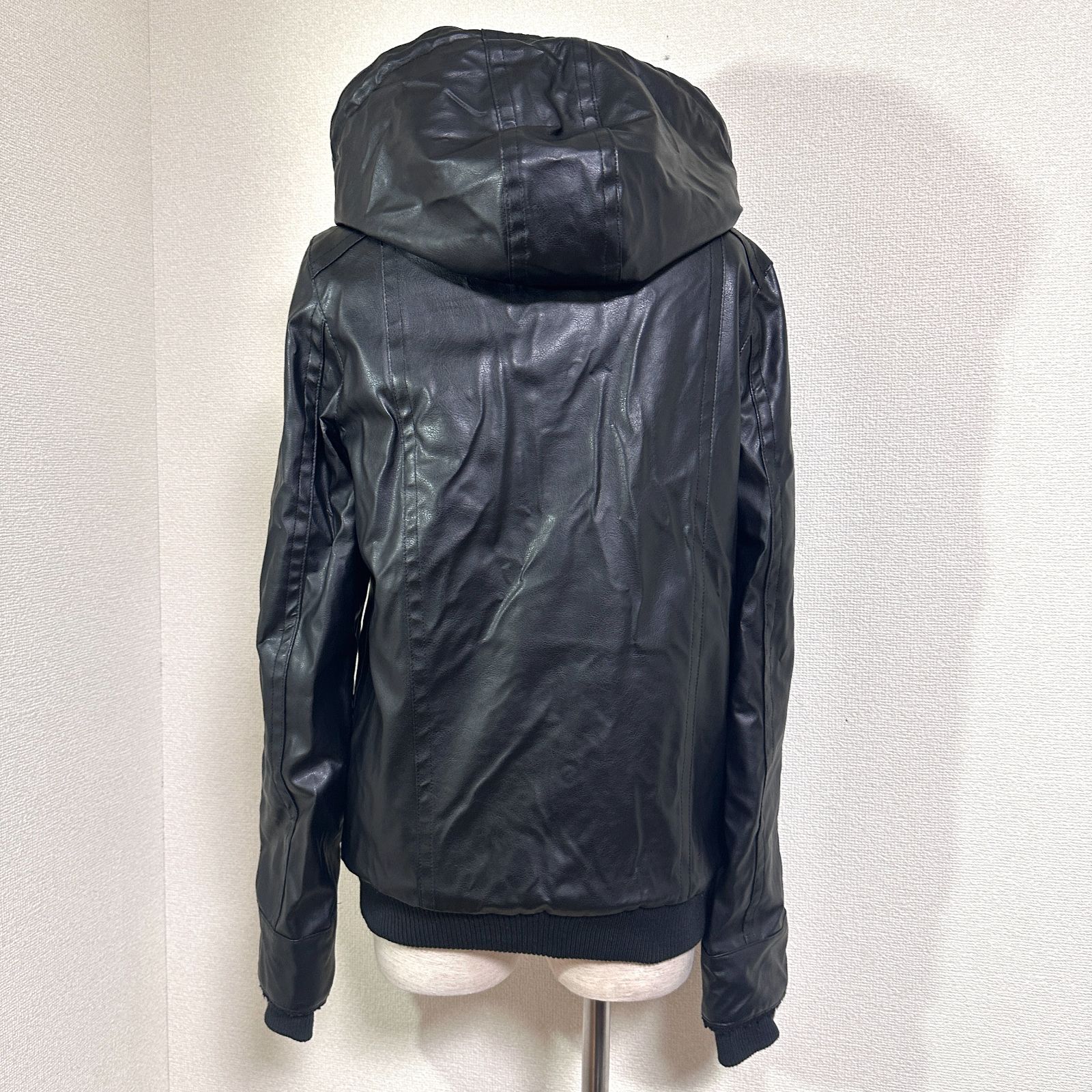 00s GLAD NEWS フード レザー ボアジャケット 平成 ギャル y2k GLAD NEWS 裏ボア フェイクレザージャケット Wジップ フード付き 袖