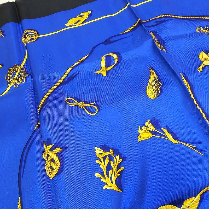 希少】エルメス カレ90 クリップス ノット柄 シルク スカーフ 青