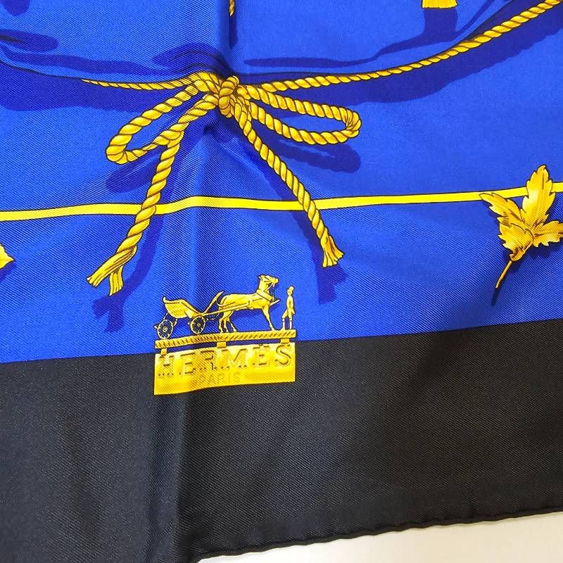 希少】エルメス カレ90 クリップス ノット柄 シルク スカーフ 青