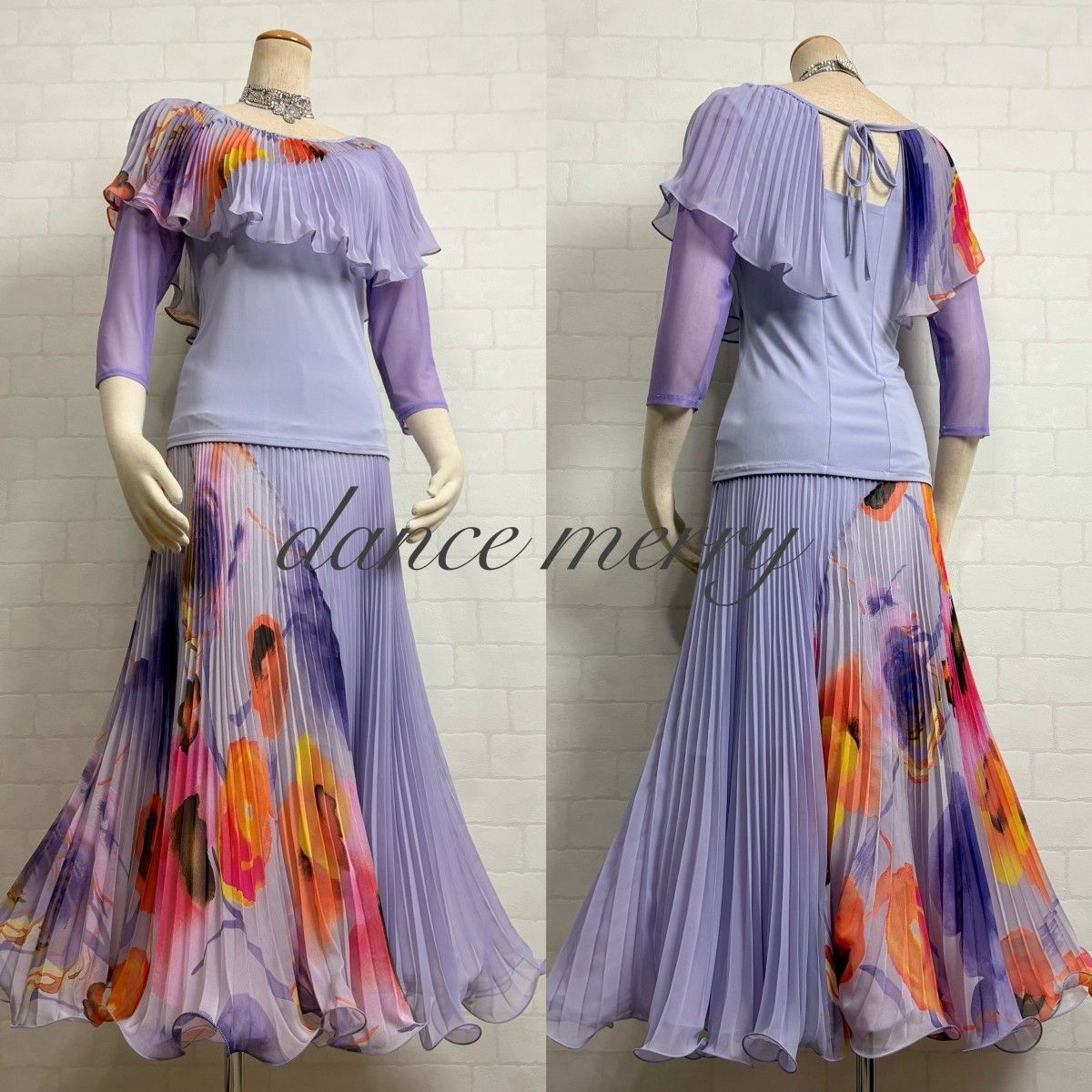 新品 社交ダンス ラベンダー ツーピース セットアップ プリーツ 1436