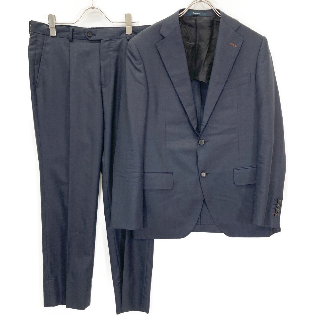 Aquascutum アクアスキュータム ﾈｲﾋﾞｰ ｳｰﾙｼﾙｸ ｽﾄﾗｲﾌﾟ ｼﾝｸﾞﾙ 2B ｽｰﾂ A5