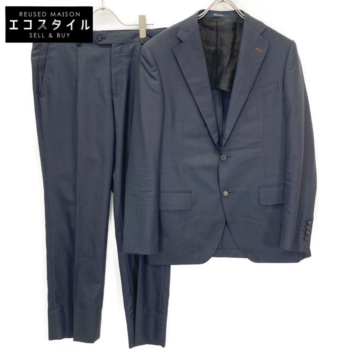 Aquascutum アクアスキュータム ﾈｲﾋﾞｰ ｳｰﾙｼﾙｸ ｽﾄﾗｲﾌﾟ ｼﾝｸﾞﾙ 2B ｽｰﾂ A5