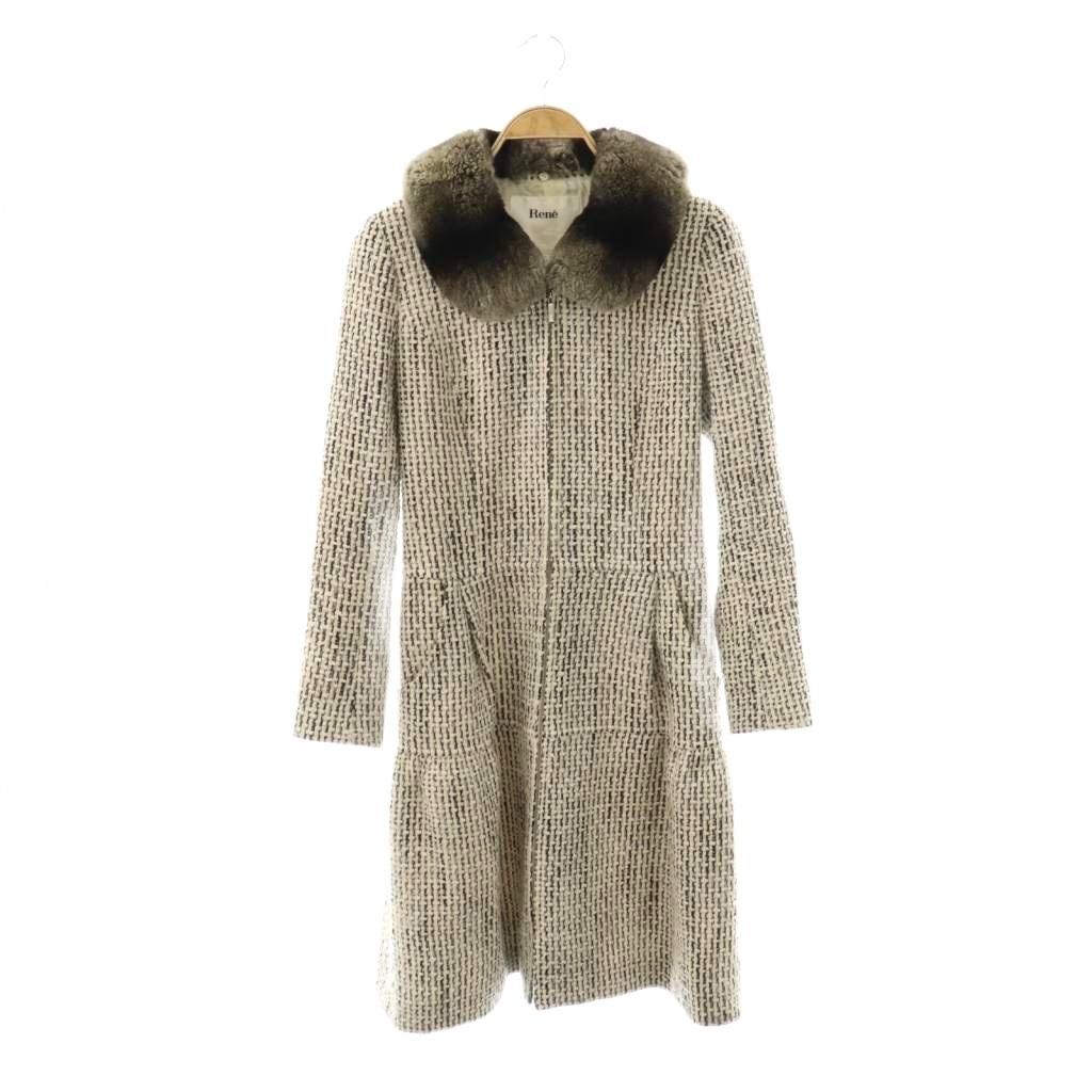 美品 希少 15万円以上 René ルネTISSUE社スパンコール混ツイード生地 ルネ Rene ×TISSUE レッキスファー襟ツイードコート シルク混 36