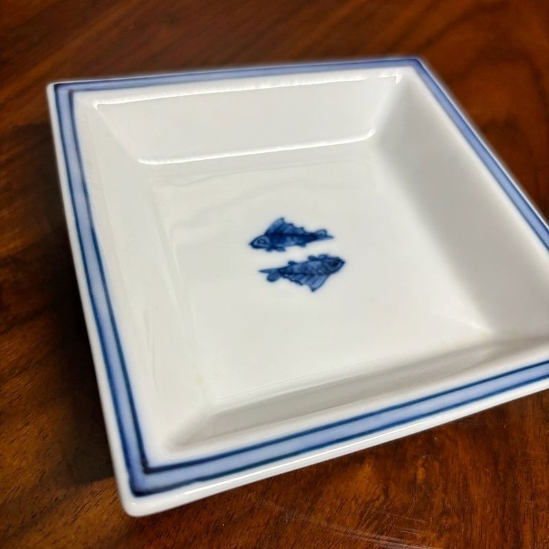 源右衛門・染付双魚文銘々角皿・五客揃 C7-5⁄有田焼