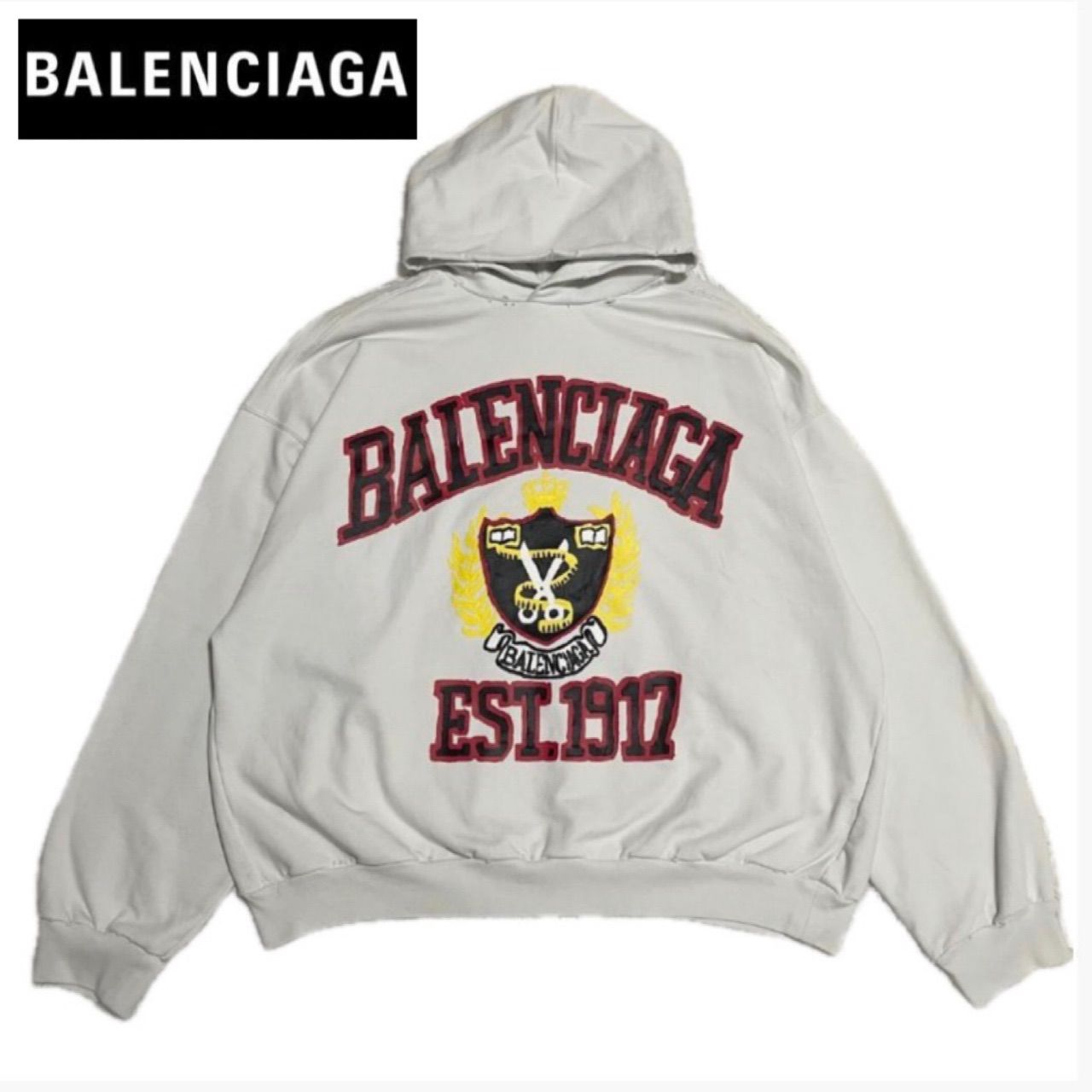 バレンシアガ ダメージ加工 カレッジロゴ パーカー BALENCIAGA 